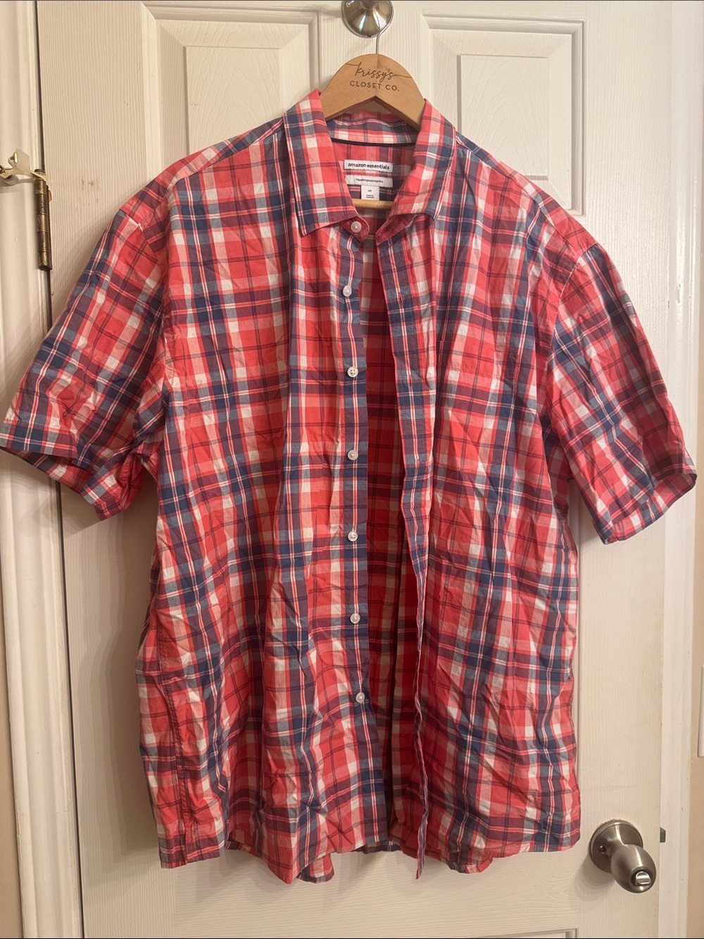 Amazon Essentials Red and Blue Plaid Short-Sleeve Button-Down Shirt